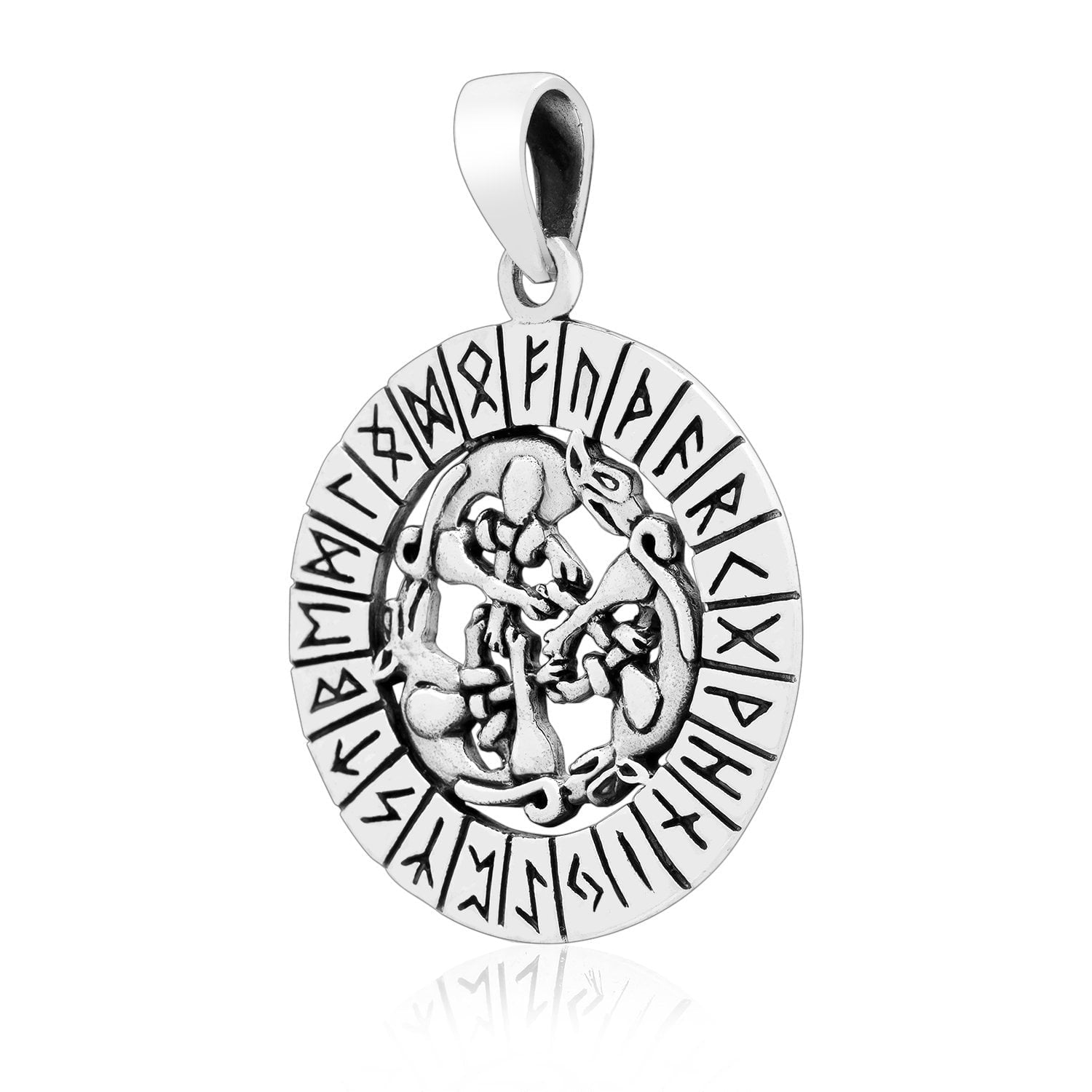 925 Sterling Silver Viking Wolves Pendant with Runes