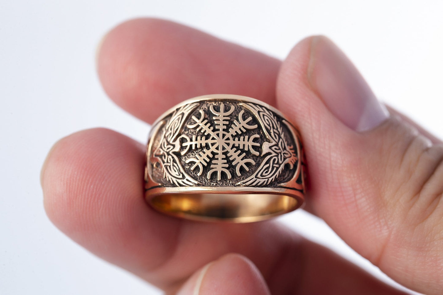 Helm of Awe Viking Raven Bronze Ring - SilverMania925