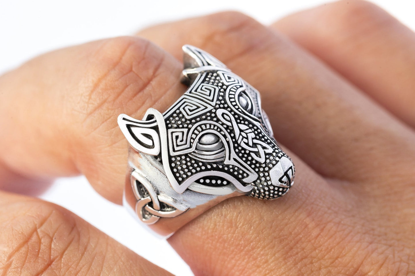 925 Sterling Silver Viking Wolf Fenrir Head Ring - SilverMania925