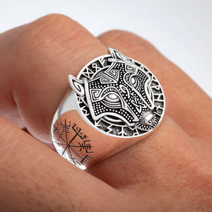Sterling Silver Viking Ring with Fenrir and Vegvisir