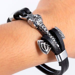Stainless Steel Viking Mjolnir with Black Leather Bracelet