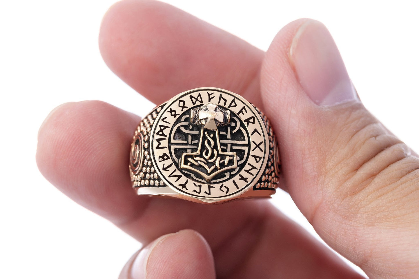 Viking Thor Hammer Runes Ring Handcrafted from Bronze - SilverMania925