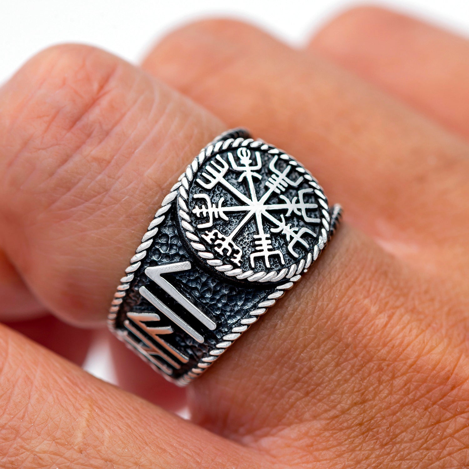 925 Sterling Silver Viking Vegvisir with Runes Ring - SilverMania925
