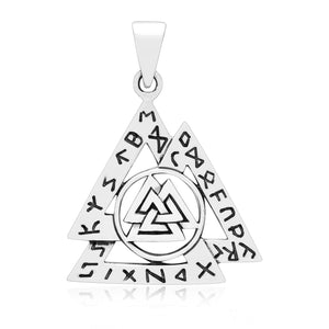 925 Sterling Silver Viking Valknut with Norse Runes Pendant