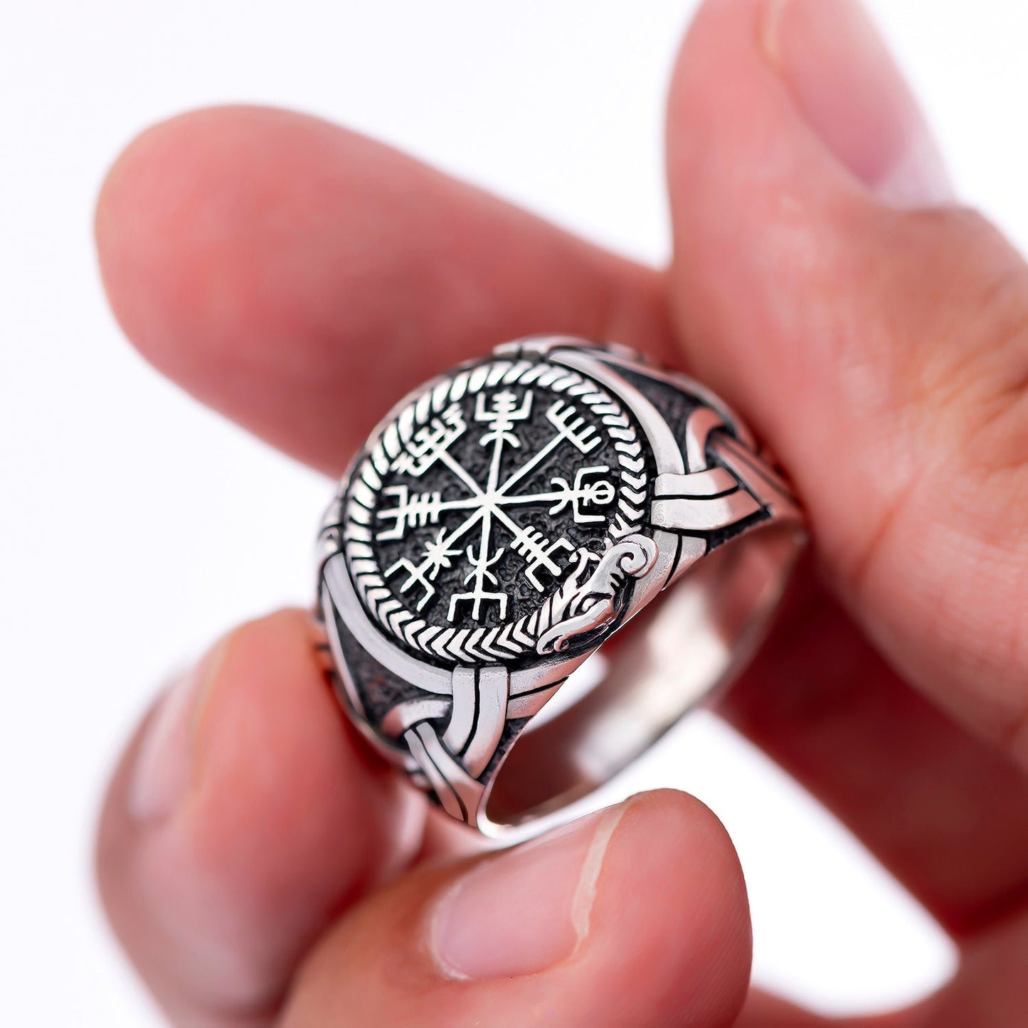 925 Sterling Silver Viking Vegvisir and Jormungand Ring - SilverMania925