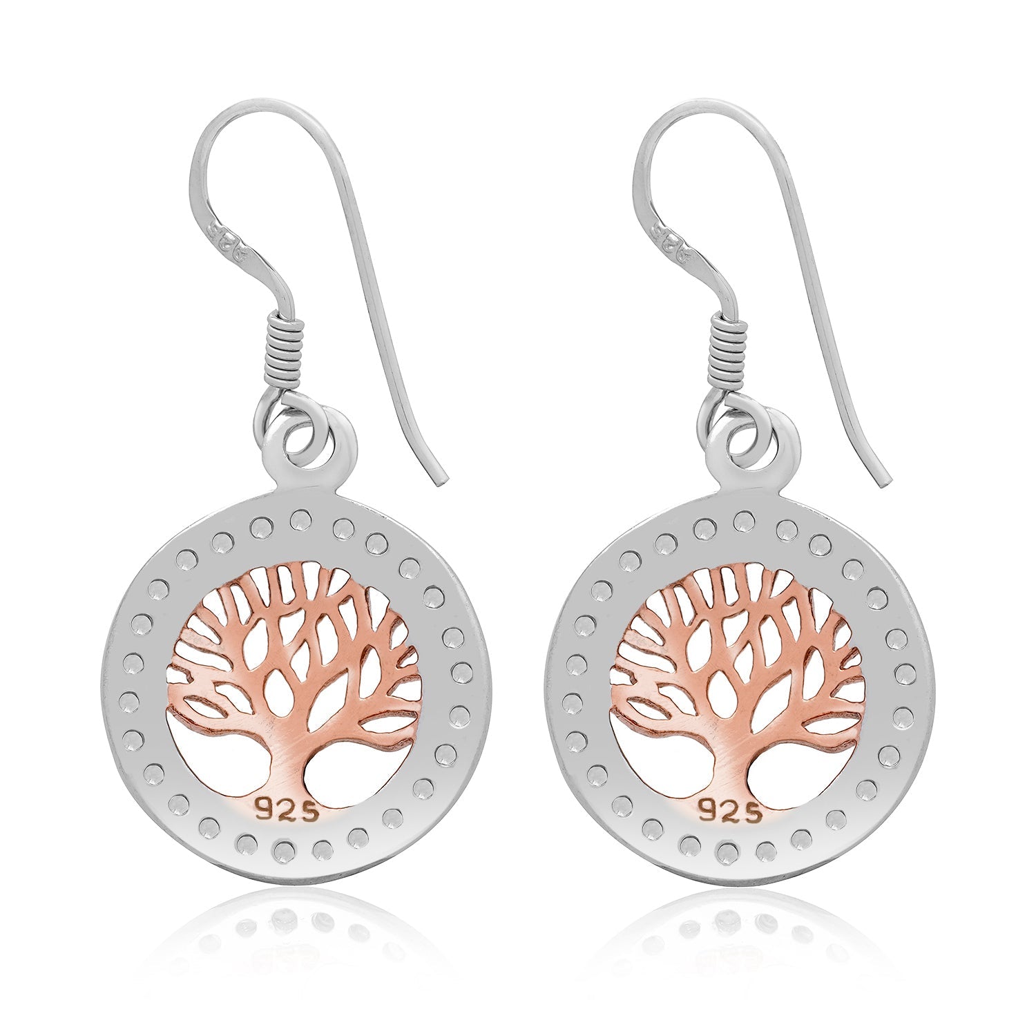Sterling Silver Rose Gold Tree of Life and CZ Earrings - SilverMania925
