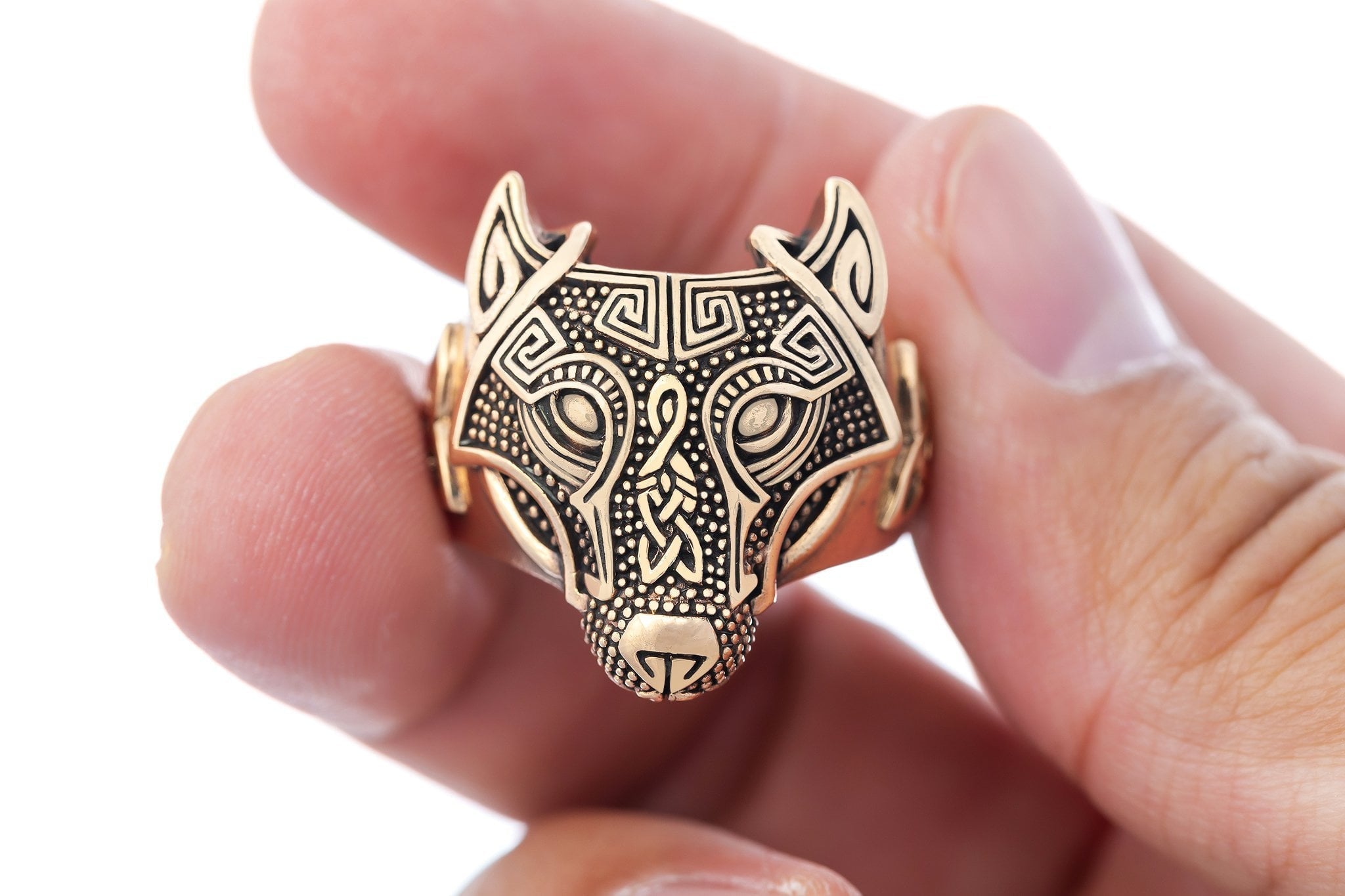 Viking Wolf Head Ring Handcrafted from Bronze - SilverMania925