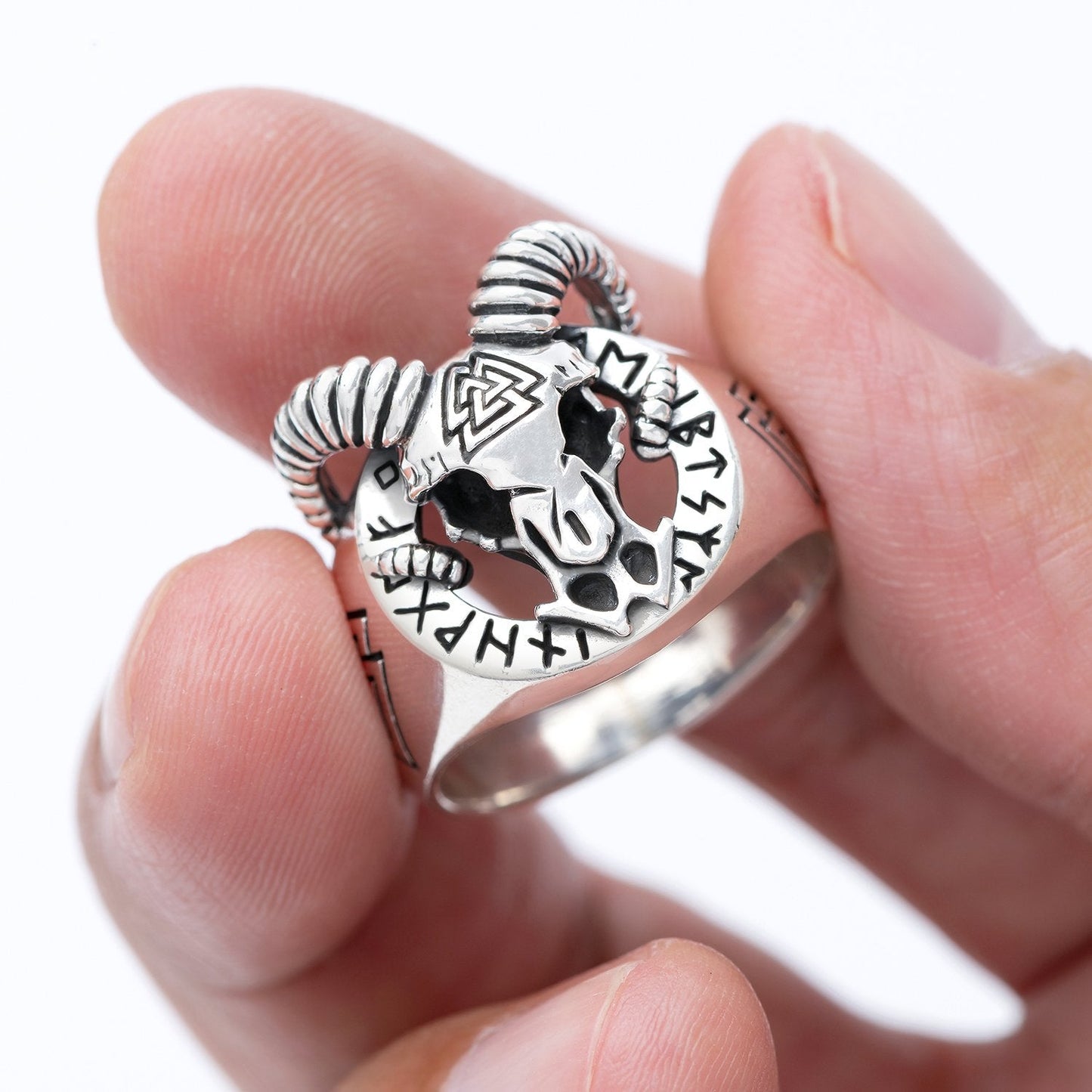 Sterling Silver Viking Goat with Valknut and Runes Ring - SilverMania925