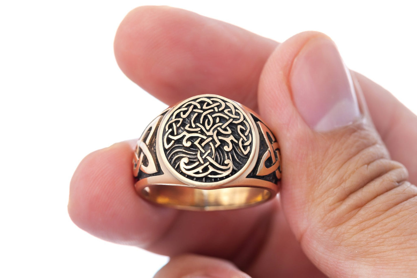 Viking Yggdrasil Bronze Ring with Knotwork - SilverMania925