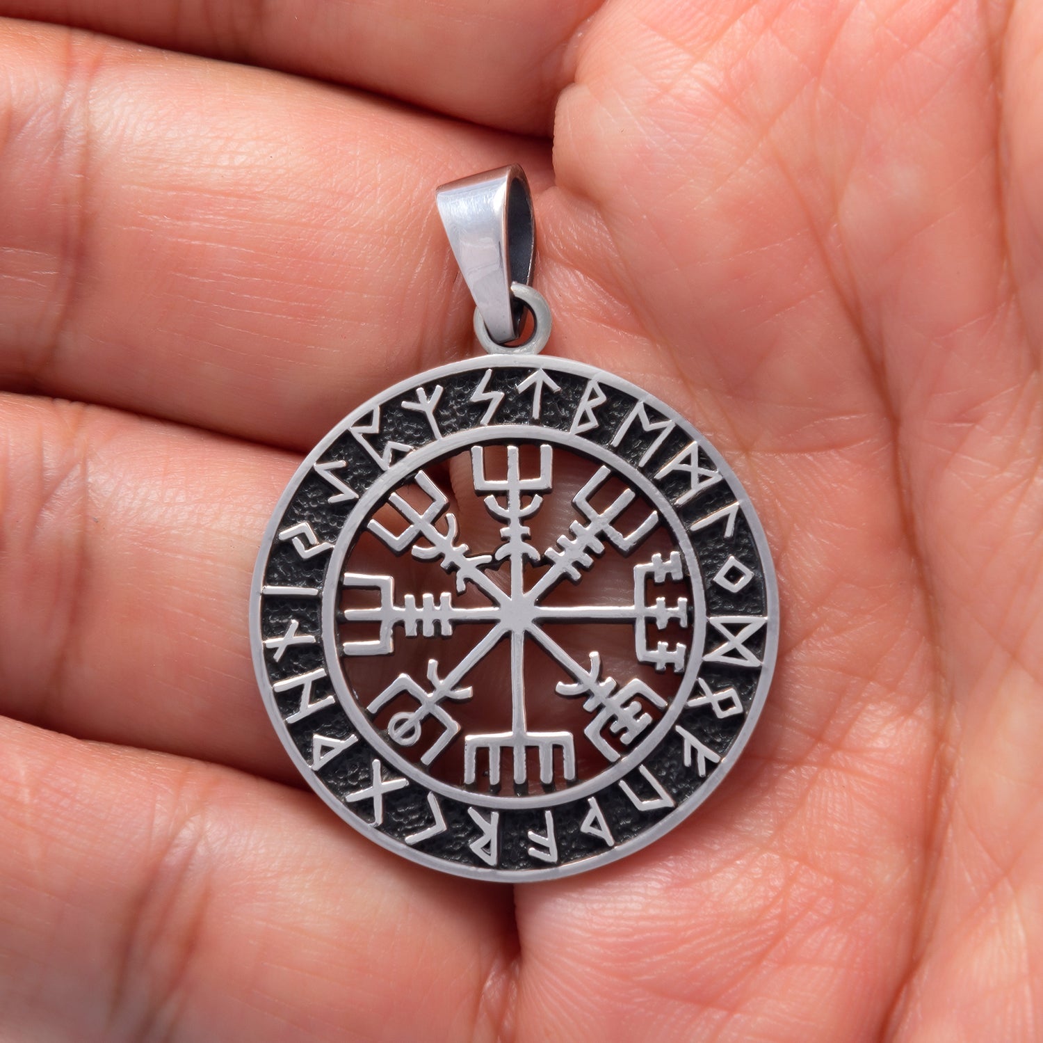 925 Sterling Silver Viking Vegvisir Pendant with Norse Runes - SilverMania925