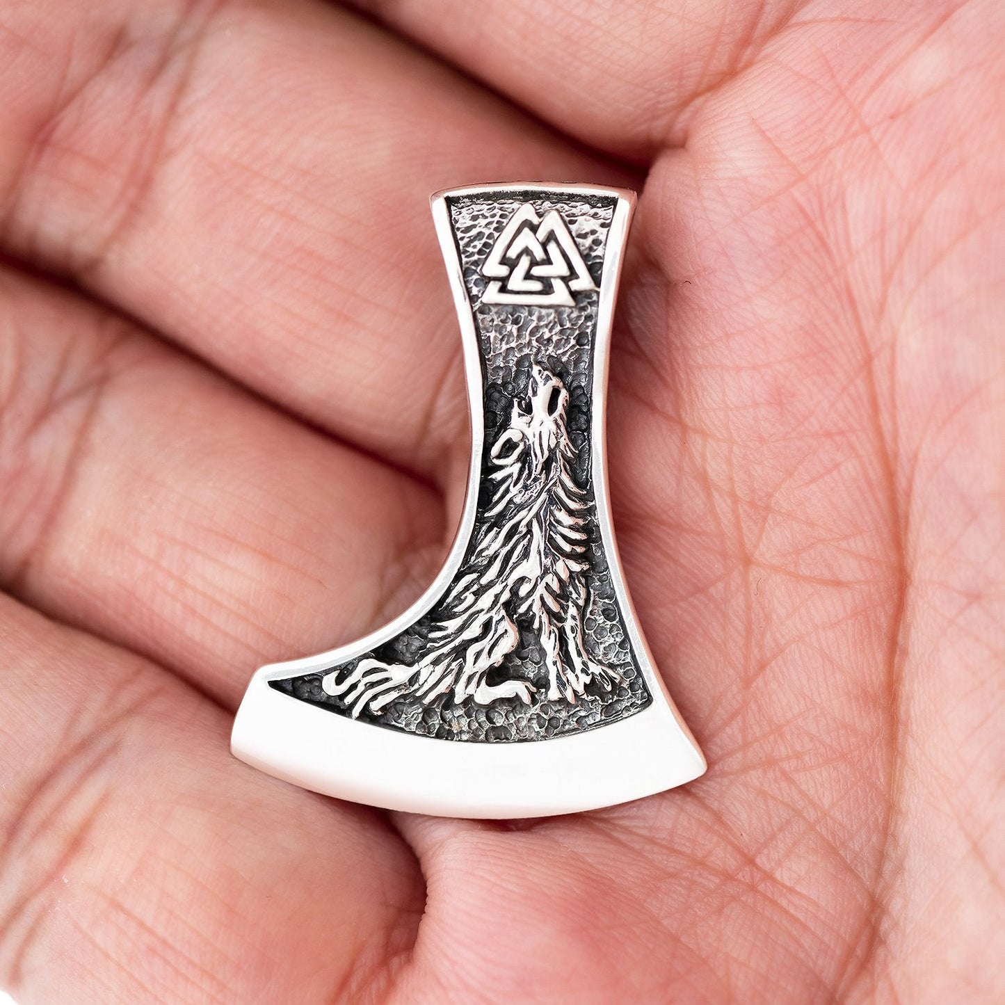Sterling Silver Viking Axe Pendant with Raven and Wolf - SilverMania925