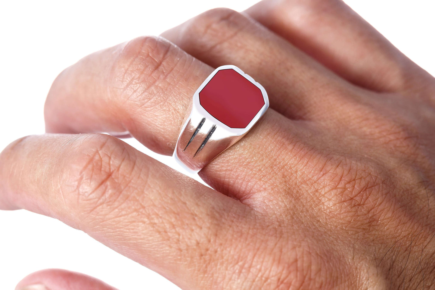 925 Sterling Silver Mens Carnelian Classic Band Ring - SilverMania925
