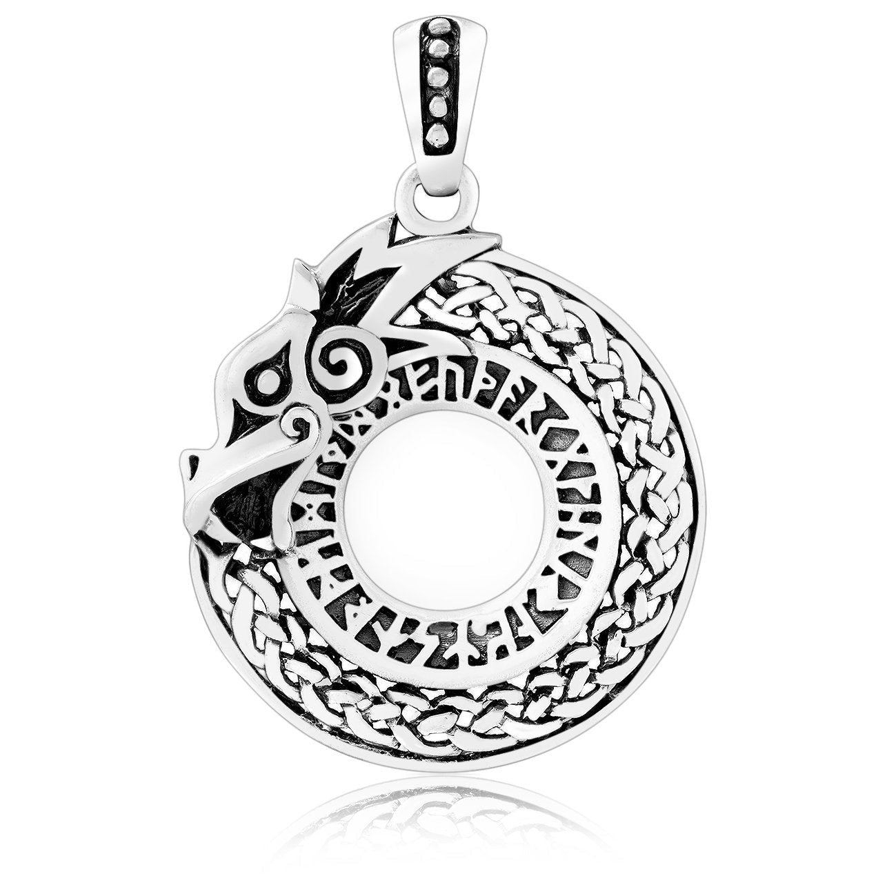 925 Sterling Silver Viking Dragon Jormungand Runes Futhark Pendant - SilverMania925