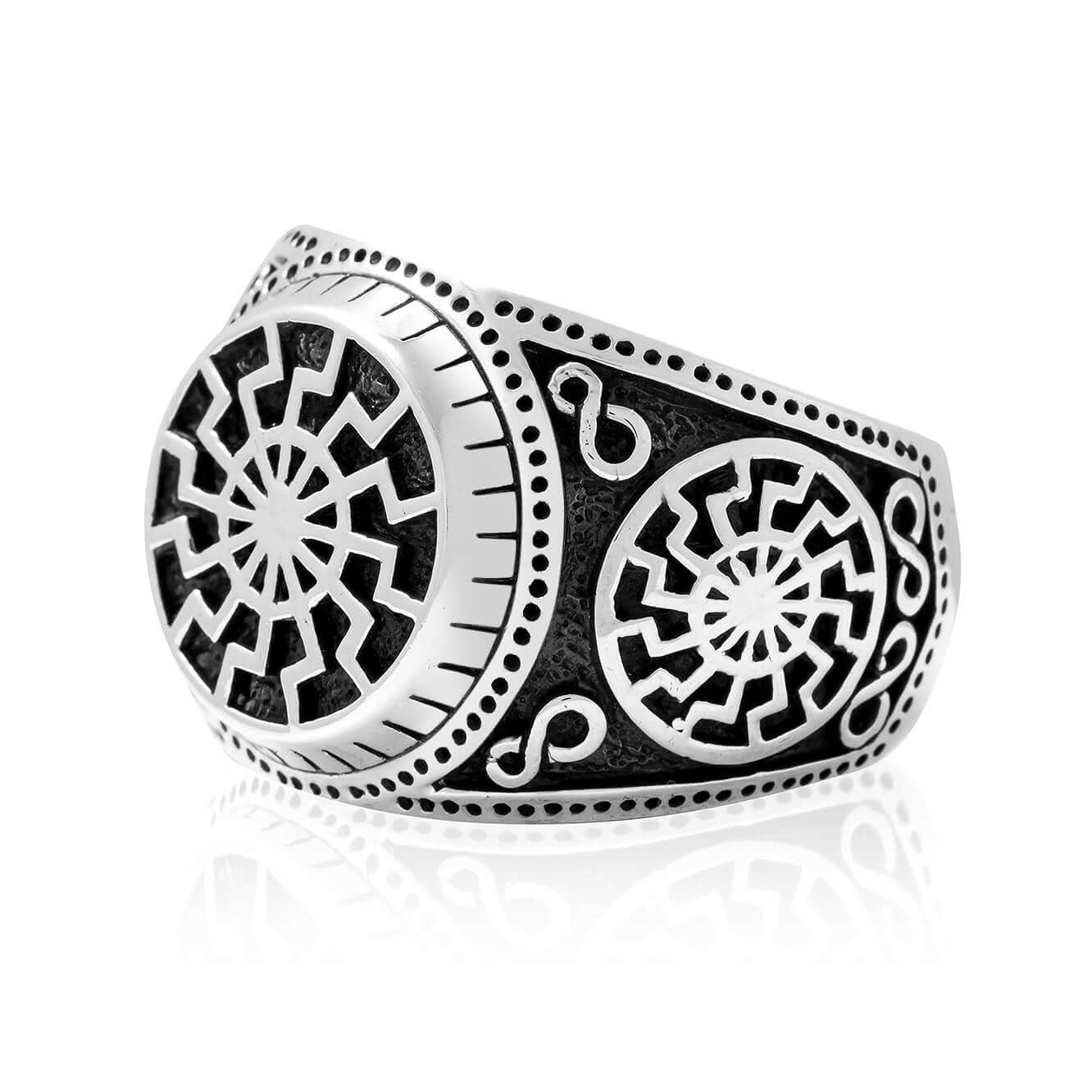 925 Sterling Silver Black Sun Wheel Sonnenrad Schwarze Sonne Signet Ring