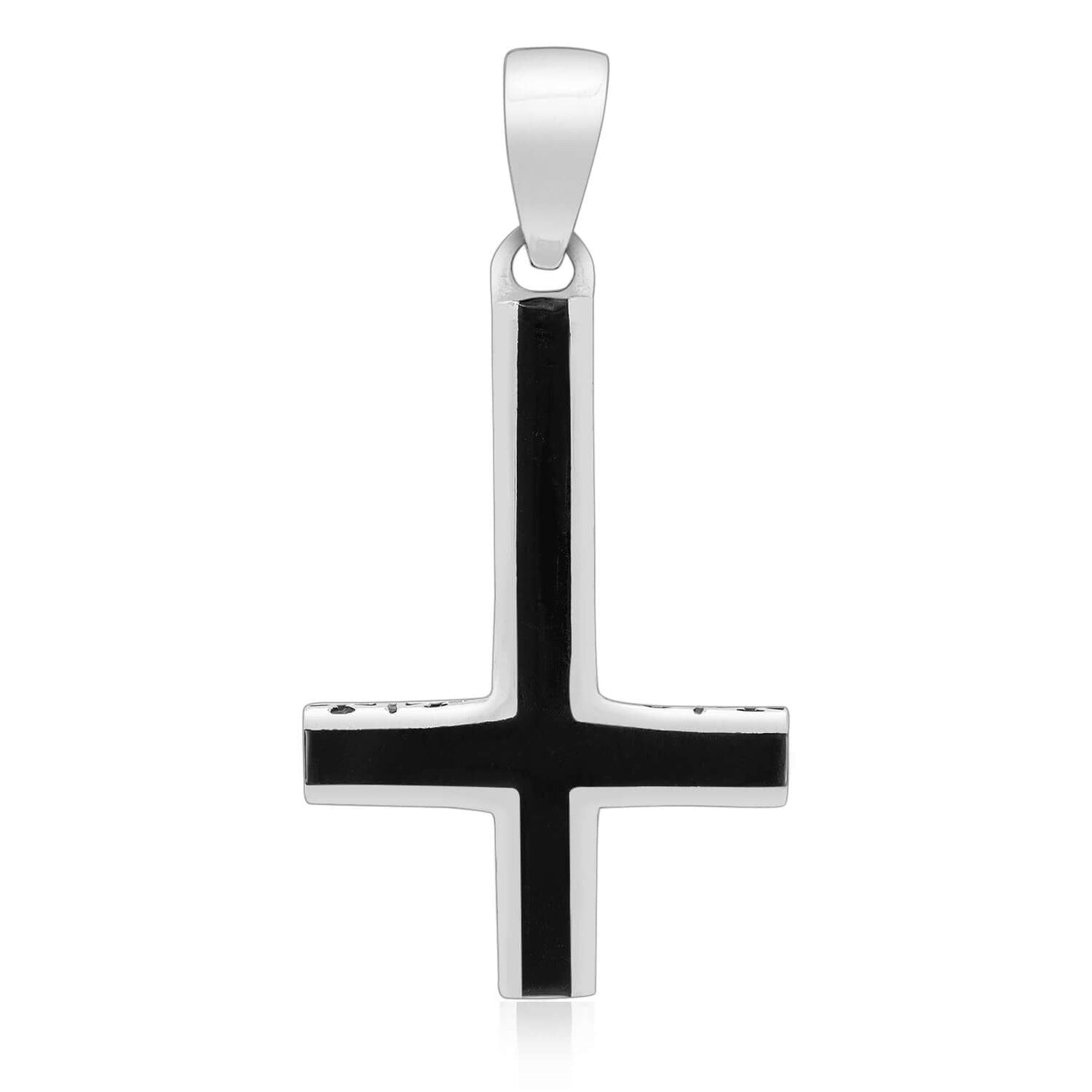 925 Sterling Silver Inverted Cross Satanic Pendant with Black Enamel - SilverMania925