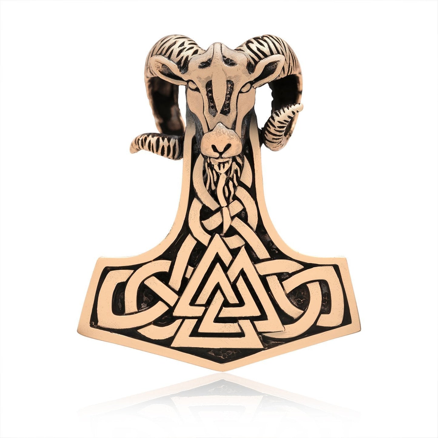 Viking Mjolnir Bronze Pendant with Ram Head and Valknut - SilverMania925