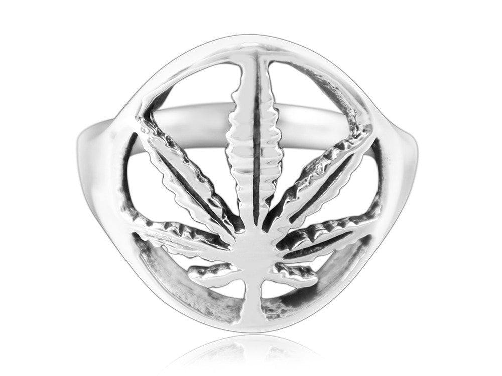 925 Sterling Silver Signet Marijuana Pot Leaf Cannabis Smoke Weed Ganja Ring - SilverMania925