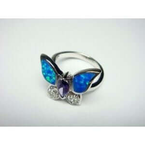 925 Sterling Silver Ring Hawaiian Blue Butterfly Opal & CZ