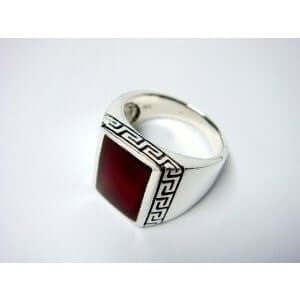 925 Sterling Silver Men's Rectangle Carnelian Greek Key Ring
