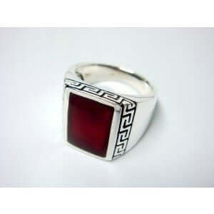 925 Sterling Silver Men's Rectangle Carnelian Greek Key Ring - SilverMania925