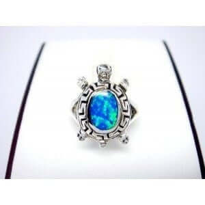 925 Sterling Silver Hawaiian Blue Opal Turtle Greek Key Ring - SilverMania925