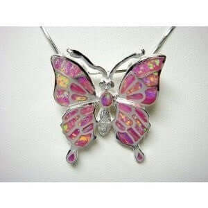 925 Sterling Silver Pendant Hawaiian Pink Opal Big Butterfly Monark - SilverMania925