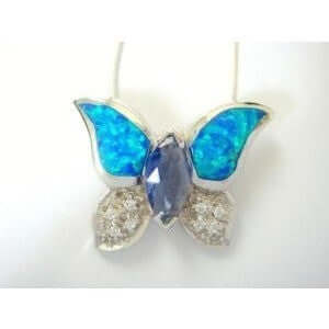925 Sterling Silver Hawaiian Blue Opal CZ Butterfly Pendant - SilverMania925