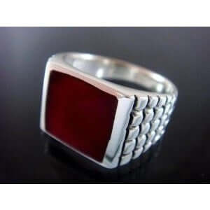 925 Sterling Silver Men's Square Carnelian Engraved Sides Ring 12gr - SilverMania925