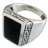 Sterling Silver Mens Greek Meander Ring with Onyx - SilverMania925
