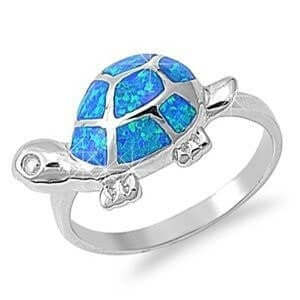 925 Sterling Silver Hawaiian Blue Opal Lucky Turtle Ring