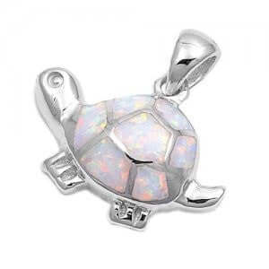 925 Sterling Silver Charm Pendant White Lovely Opal Turtle - SilverMania925