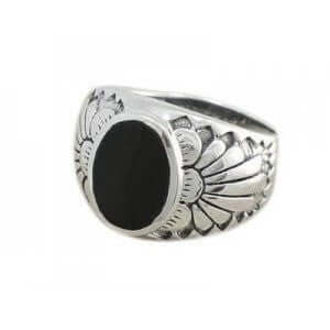 925 Sterling Silver Mens Black Onyx Indian Native American Thick Ring - SilverMania925
