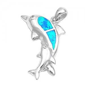 925 Sterling Silver Hawaiian Blue Opal Playing Dolphins Pendant - SilverMania925