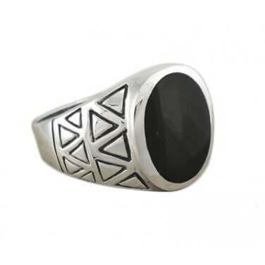 925 Sterling Silver Mens Genuine Black Onyx Exotic Aztec Thick Ring - SilverMania925