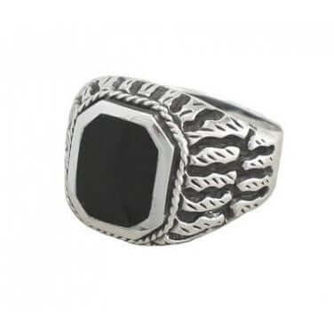 925 Sterling Silver Mens Scrollwork Black Onyx Ring - SilverMania925