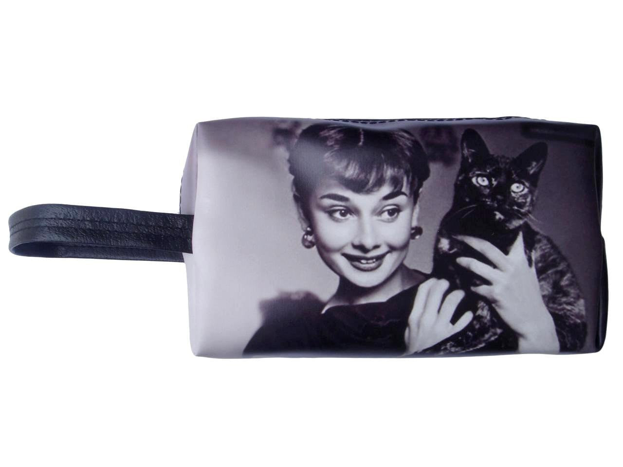 Audrey Hepburn Holding Cat Makeup Make Up Lipstick Purse Cosmetic Zip Around Bag