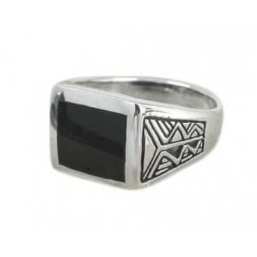 925 Sterling Silver Men's Aztec Style Rectangular Black Genuine Onyx Ring