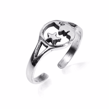 925 Sterling Silver Goodnight Moon Face Star Adjustable Pinky Toe Ring - SilverMania925