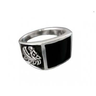 925 Sterling Silver Men's Black Onyx Engraved Horse Pony Ring - SilverMania925