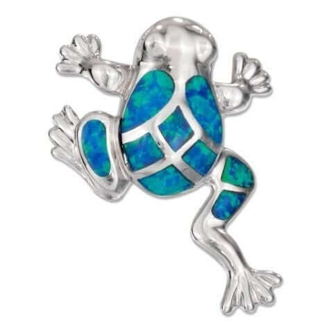 925 Sterling Silver Hawaiian Blue Mosaic Opal Lucky Frog Pendant