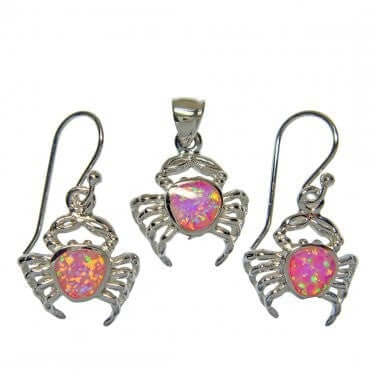 925 Sterling Silver Pink Fire Opal Crab Pendant Dangle Earrings Set