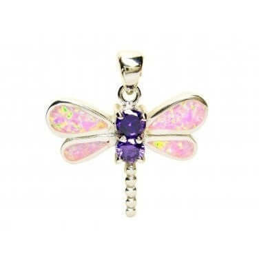 Sterling Silver Pink Opal Dragonfly Pendant with CZ - SilverMania925