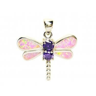 925 Sterling Silver Pink Opal Cubic Zirconia Dragonfly Charm Pendant