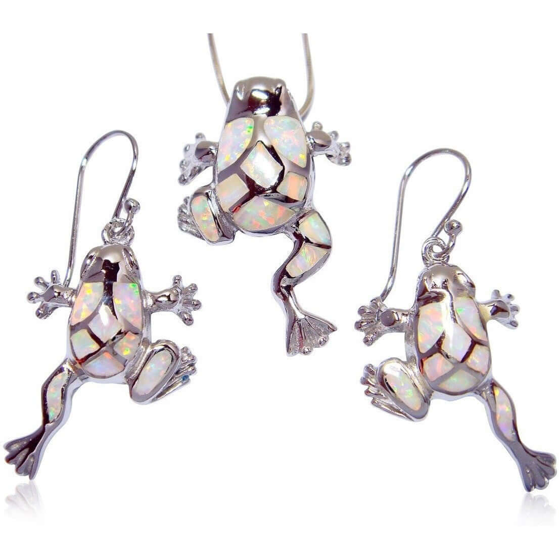 925 Sterling Silver Pendant Dangle Earrings Set White Opal Frog - SilverMania925