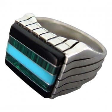 925 Sterling Silver Mens Stone Set Onyx Malachite Turquoise Thick Ring - SilverMania925