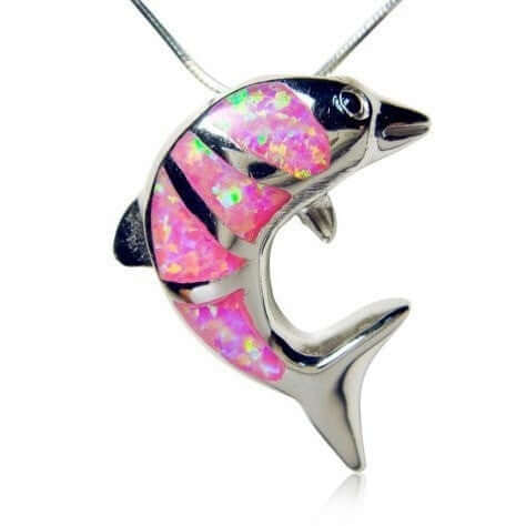 925 Sterling Silver Pink Opal Sea Dolphin Charm Pendant - SilverMania925