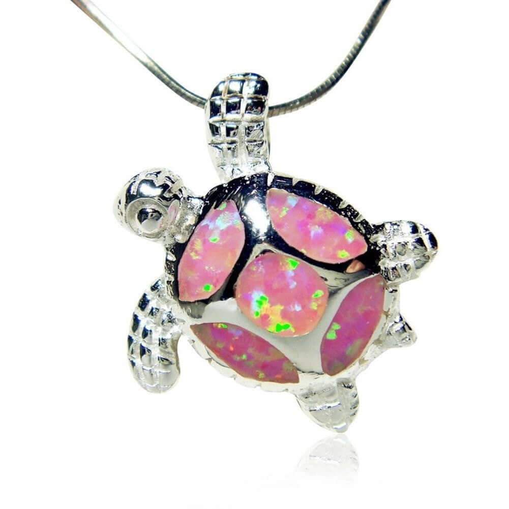 925 Sterling Silver Pink Inlay Opal Lovely Sea Turtle Charm Pendant - SilverMania925