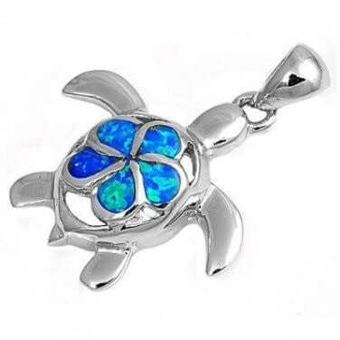 Sterling Silver Blue Opal Plumeria Honu Turtle Pendant - SilverMania925