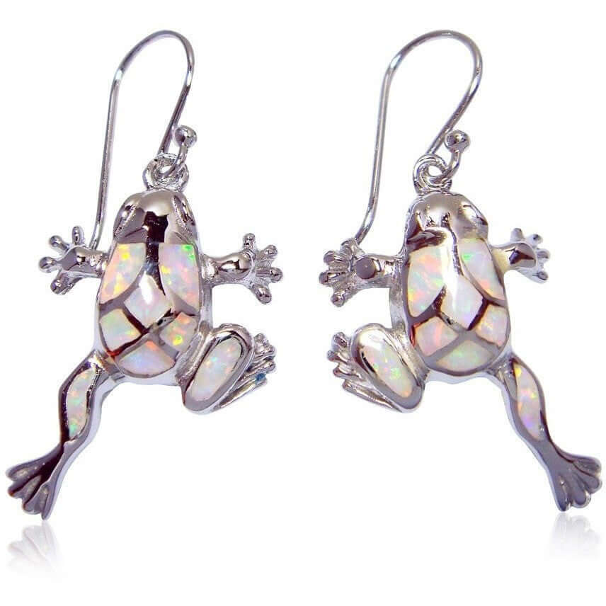 925 Sterling Silver Dangle Earrings Set White Fire Opal Frog - SilverMania925