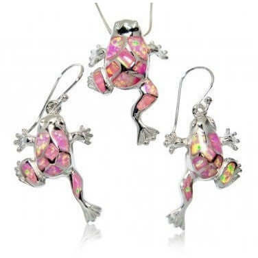 925 Sterling Silver Pink Mosaic Opal Lucky Frog Pendant Earrings Set - SilverMania925